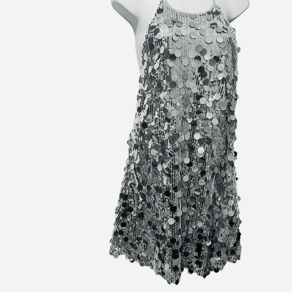 Know One Cares Silver Sequin Halter Cocktail Social Halter Mini Dress Large NWT - Picture 9 of 11
